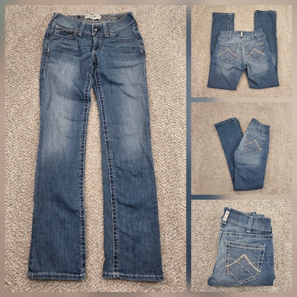 Ariat REAL Mid Rise Straight Leg Denim Jeans Womens 27 Dark Distressed Western